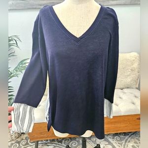 WESTPORT- Navy Blue, Striped Dual pattern vneck top, blouse, tunic Sz XL